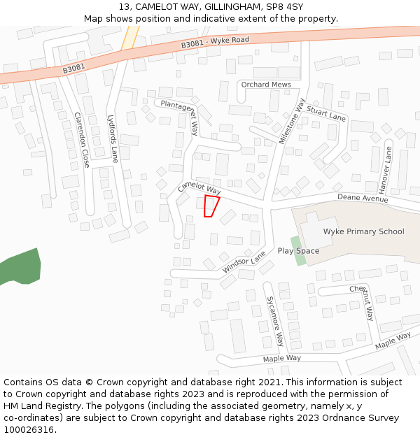 13, CAMELOT WAY, GILLINGHAM, SP8 4SY: Location map and indicative extent of plot