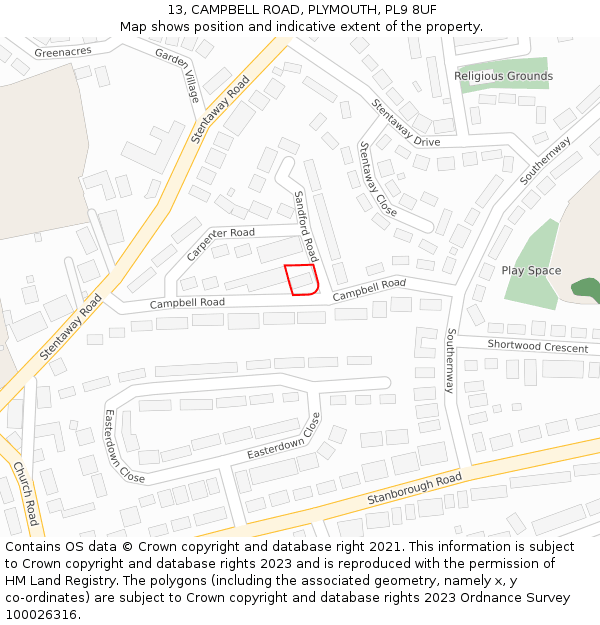 13, CAMPBELL ROAD, PLYMOUTH, PL9 8UF: Location map and indicative extent of plot