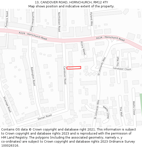 13, CANDOVER ROAD, HORNCHURCH, RM12 4TY: Location map and indicative extent of plot