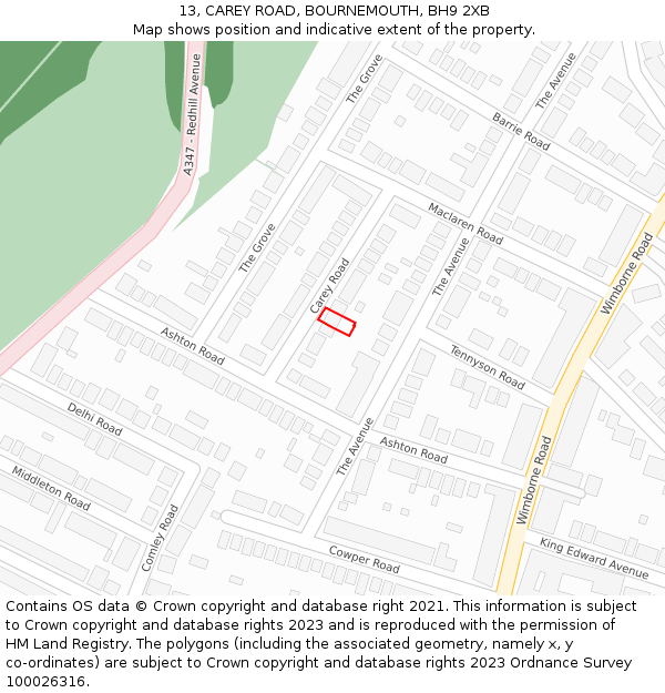 13, CAREY ROAD, BOURNEMOUTH, BH9 2XB: Location map and indicative extent of plot