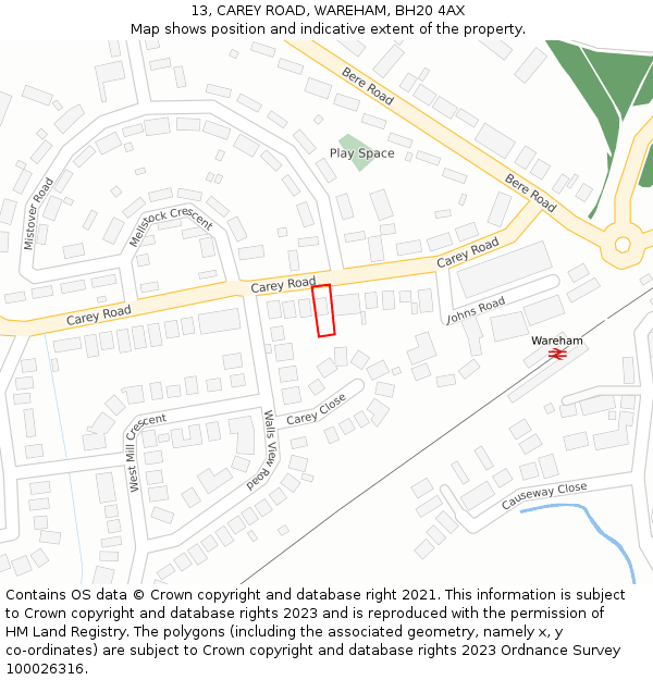 13, CAREY ROAD, WAREHAM, BH20 4AX: Location map and indicative extent of plot