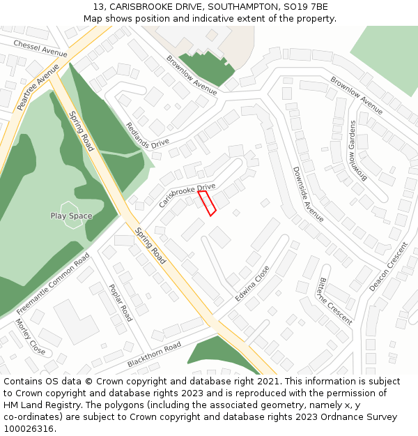 13, CARISBROOKE DRIVE, SOUTHAMPTON, SO19 7BE: Location map and indicative extent of plot