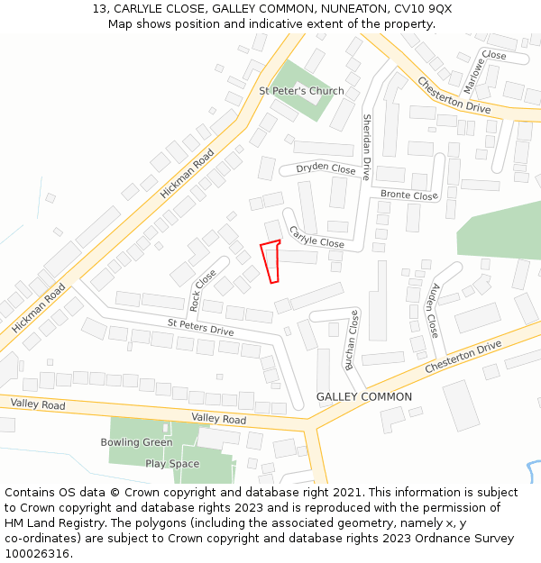 13, CARLYLE CLOSE, GALLEY COMMON, NUNEATON, CV10 9QX: Location map and indicative extent of plot