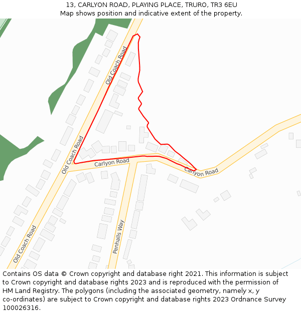 13, CARLYON ROAD, PLAYING PLACE, TRURO, TR3 6EU: Location map and indicative extent of plot