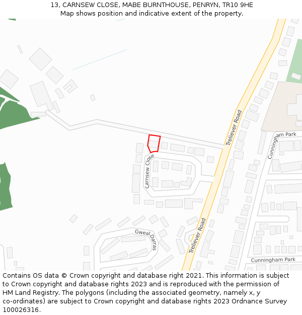 13, CARNSEW CLOSE, MABE BURNTHOUSE, PENRYN, TR10 9HE: Location map and indicative extent of plot