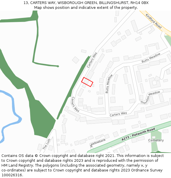 13, CARTERS WAY, WISBOROUGH GREEN, BILLINGSHURST, RH14 0BX: Location map and indicative extent of plot