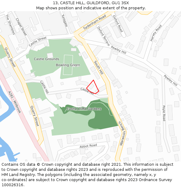 13, CASTLE HILL, GUILDFORD, GU1 3SX: Location map and indicative extent of plot