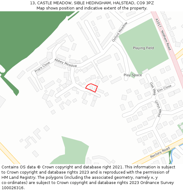 13, CASTLE MEADOW, SIBLE HEDINGHAM, HALSTEAD, CO9 3PZ: Location map and indicative extent of plot