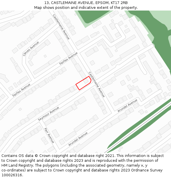 13, CASTLEMAINE AVENUE, EPSOM, KT17 2RB: Location map and indicative extent of plot