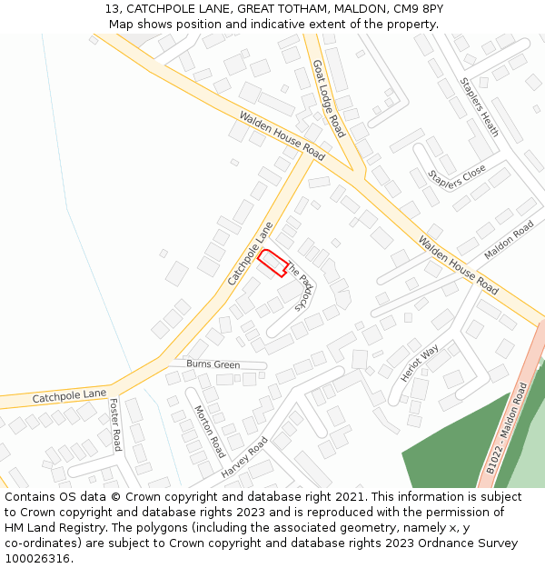 13, CATCHPOLE LANE, GREAT TOTHAM, MALDON, CM9 8PY: Location map and indicative extent of plot