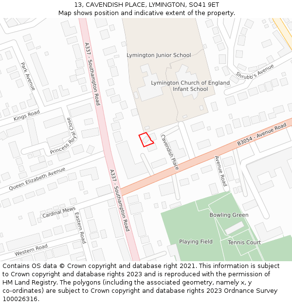 13, CAVENDISH PLACE, LYMINGTON, SO41 9ET: Location map and indicative extent of plot