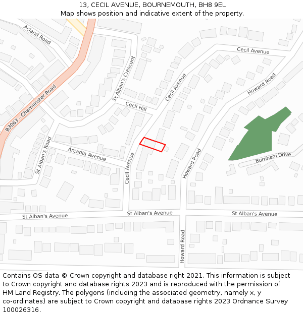 13, CECIL AVENUE, BOURNEMOUTH, BH8 9EL: Location map and indicative extent of plot