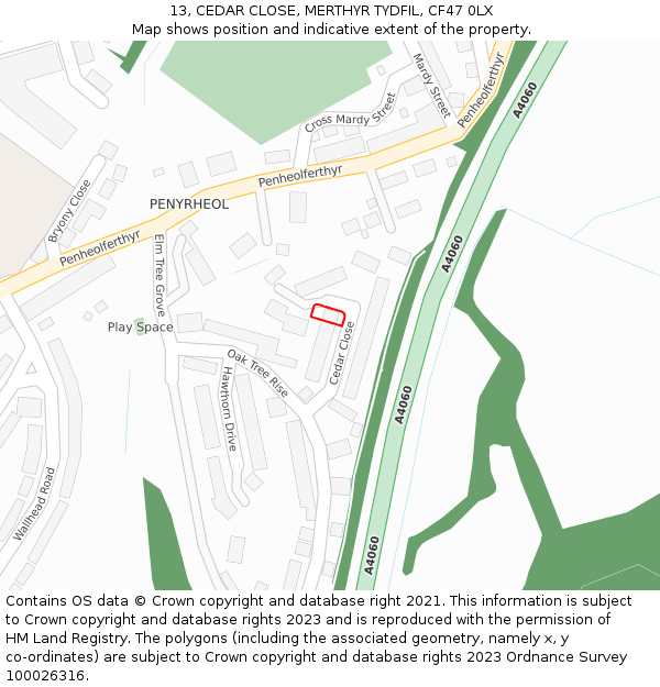 13, CEDAR CLOSE, MERTHYR TYDFIL, CF47 0LX: Location map and indicative extent of plot