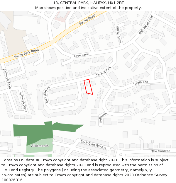 13, CENTRAL PARK, HALIFAX, HX1 2BT: Location map and indicative extent of plot