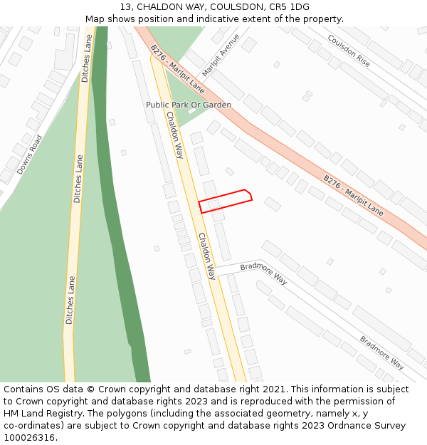 13, CHALDON WAY, COULSDON, CR5 1DG: Location map and indicative extent of plot