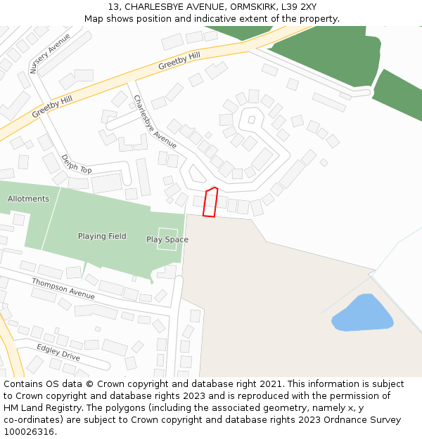 13, CHARLESBYE AVENUE, ORMSKIRK, L39 2XY: Location map and indicative extent of plot