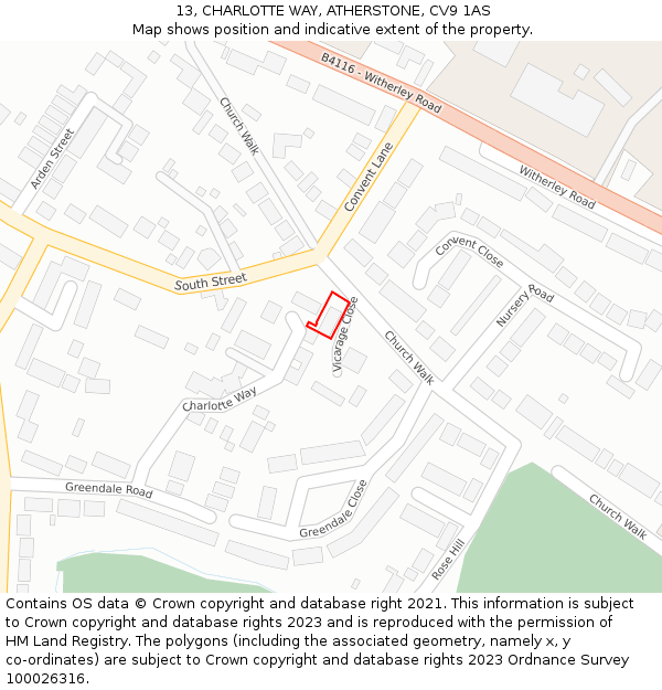 13, CHARLOTTE WAY, ATHERSTONE, CV9 1AS: Location map and indicative extent of plot