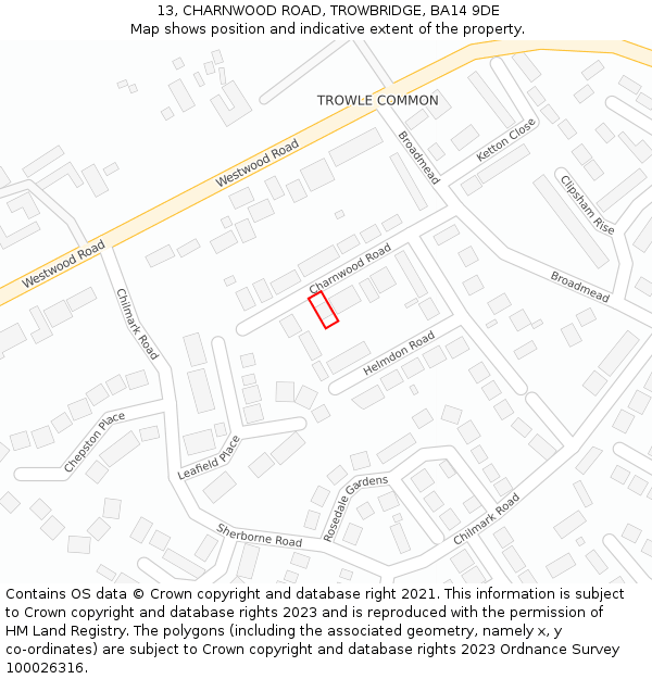 13, CHARNWOOD ROAD, TROWBRIDGE, BA14 9DE: Location map and indicative extent of plot