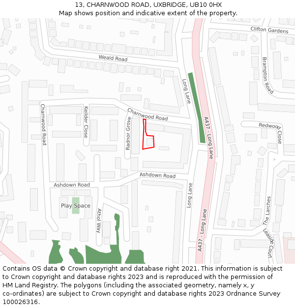 13, CHARNWOOD ROAD, UXBRIDGE, UB10 0HX: Location map and indicative extent of plot