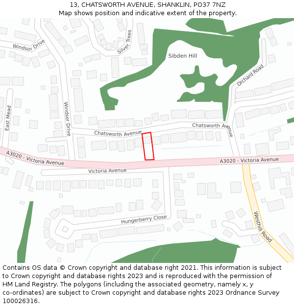 13, CHATSWORTH AVENUE, SHANKLIN, PO37 7NZ: Location map and indicative extent of plot