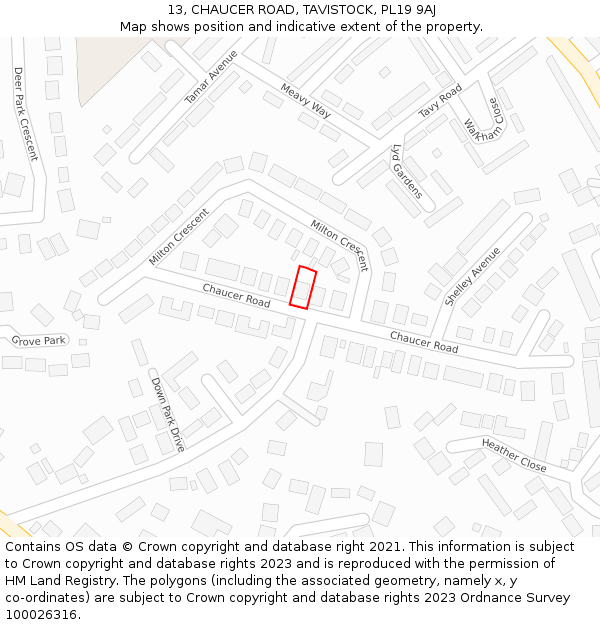 13, CHAUCER ROAD, TAVISTOCK, PL19 9AJ: Location map and indicative extent of plot