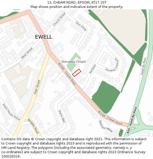 13, CHEAM ROAD, EPSOM, KT17 1ST: Location map and indicative extent of plot