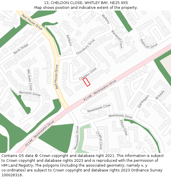 13, CHELDON CLOSE, WHITLEY BAY, NE25 9XS: Location map and indicative extent of plot