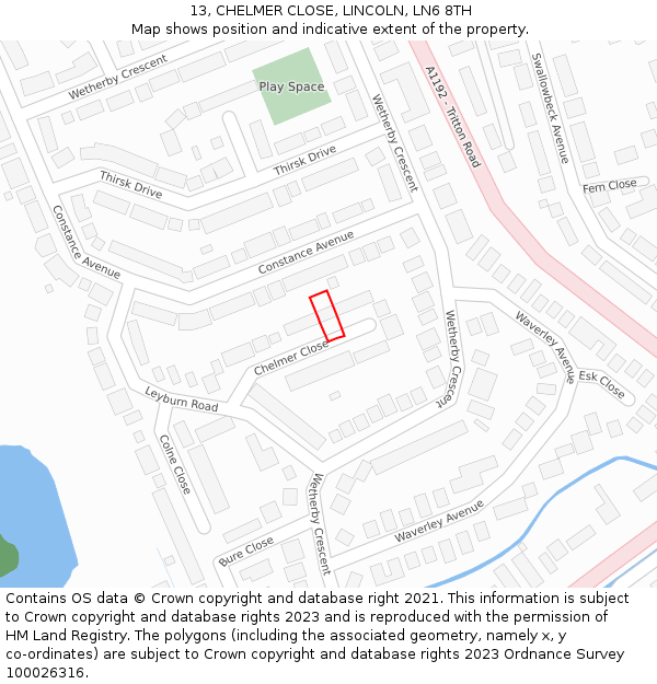 13, CHELMER CLOSE, LINCOLN, LN6 8TH: Location map and indicative extent of plot