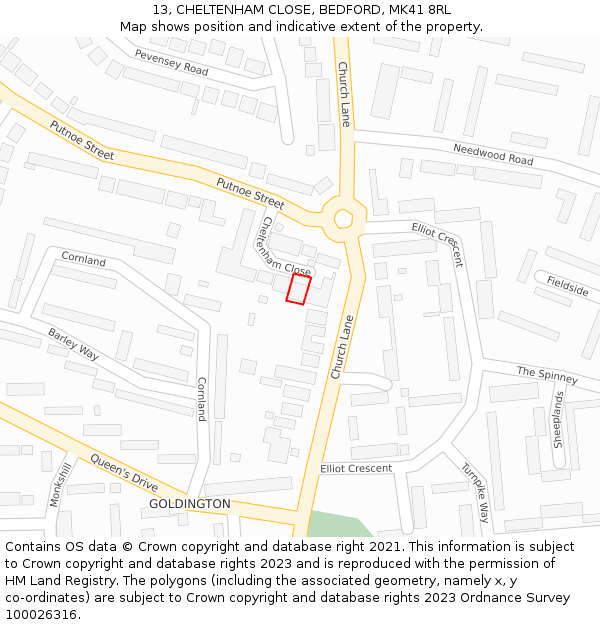 13, CHELTENHAM CLOSE, BEDFORD, MK41 8RL: Location map and indicative extent of plot