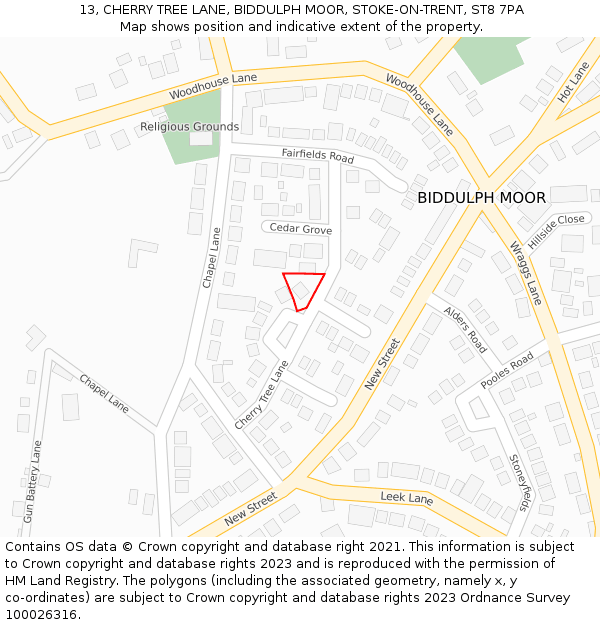 13, CHERRY TREE LANE, BIDDULPH MOOR, STOKE-ON-TRENT, ST8 7PA: Location map and indicative extent of plot