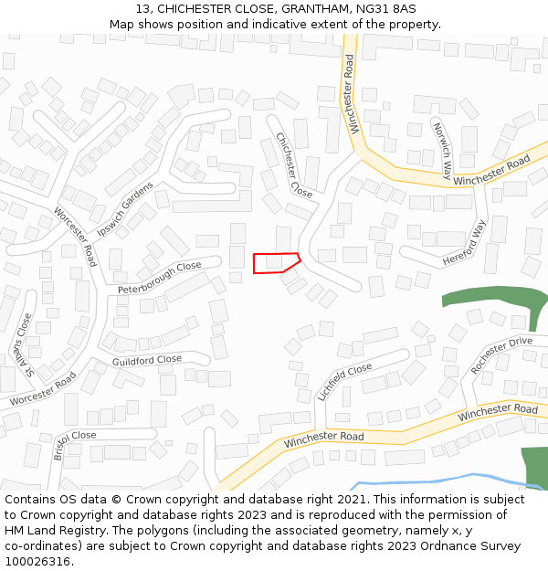 13, CHICHESTER CLOSE, GRANTHAM, NG31 8AS: Location map and indicative extent of plot