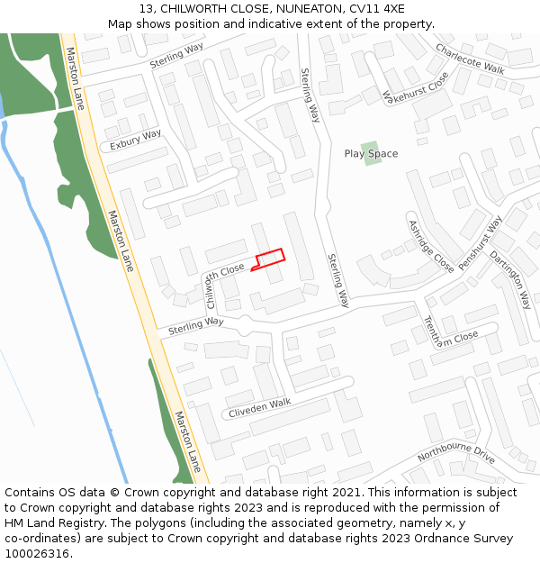 13, CHILWORTH CLOSE, NUNEATON, CV11 4XE: Location map and indicative extent of plot