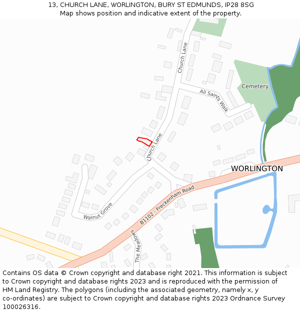 13, CHURCH LANE, WORLINGTON, BURY ST EDMUNDS, IP28 8SG: Location map and indicative extent of plot