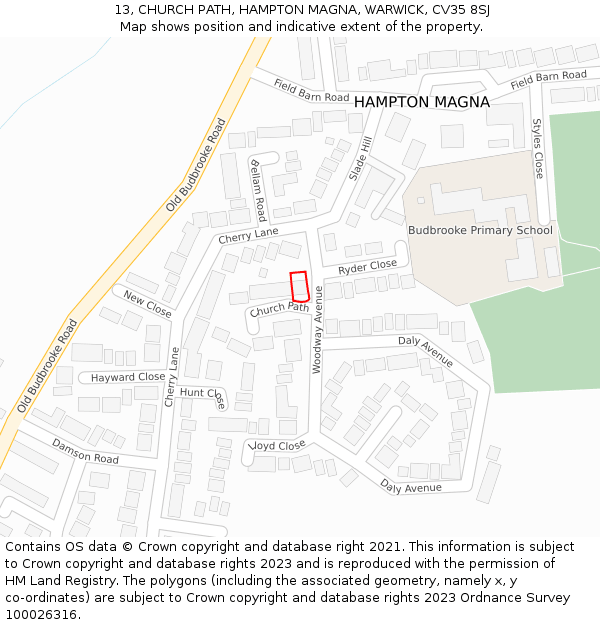 13, CHURCH PATH, HAMPTON MAGNA, WARWICK, CV35 8SJ: Location map and indicative extent of plot