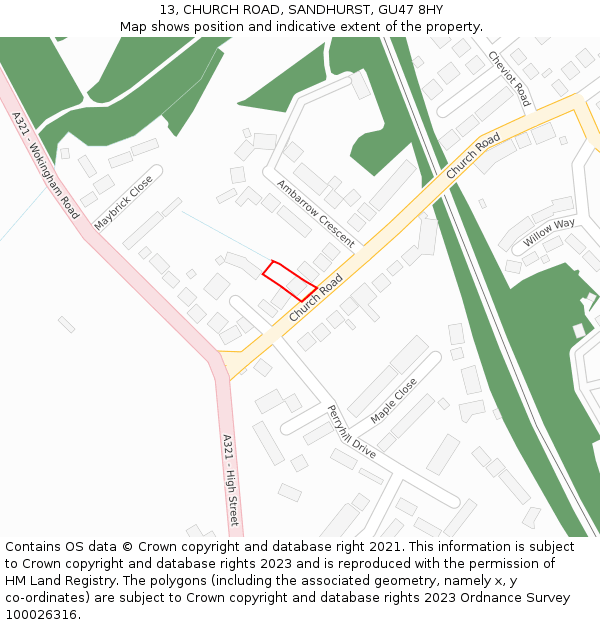 13, CHURCH ROAD, SANDHURST, GU47 8HY: Location map and indicative extent of plot