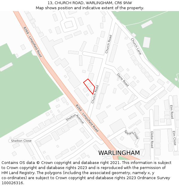 13, CHURCH ROAD, WARLINGHAM, CR6 9NW: Location map and indicative extent of plot