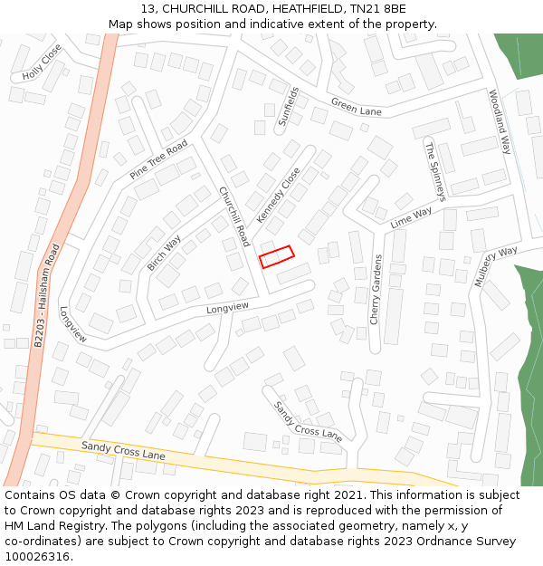 13, CHURCHILL ROAD, HEATHFIELD, TN21 8BE: Location map and indicative extent of plot