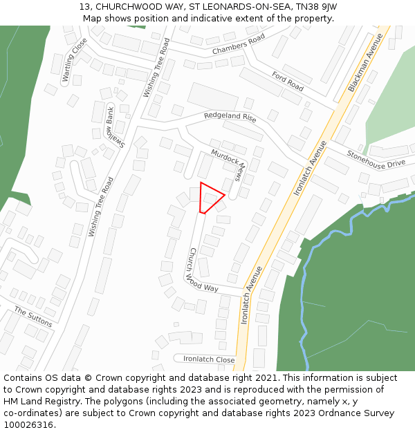 13, CHURCHWOOD WAY, ST LEONARDS-ON-SEA, TN38 9JW: Location map and indicative extent of plot