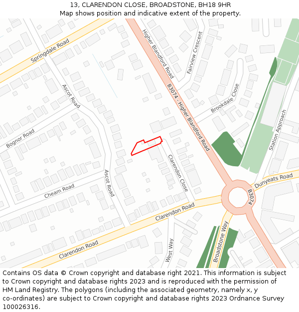 13, CLARENDON CLOSE, BROADSTONE, BH18 9HR: Location map and indicative extent of plot