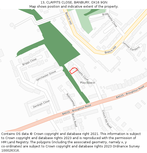 13, CLAYPITS CLOSE, BANBURY, OX16 9GN: Location map and indicative extent of plot