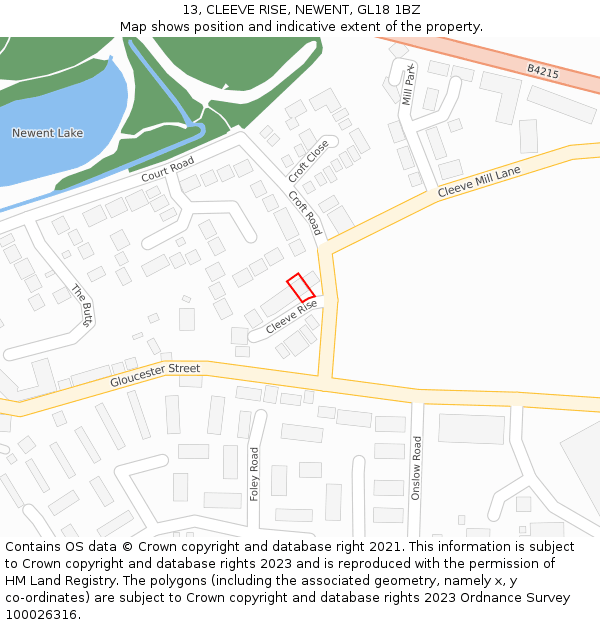 13, CLEEVE RISE, NEWENT, GL18 1BZ: Location map and indicative extent of plot