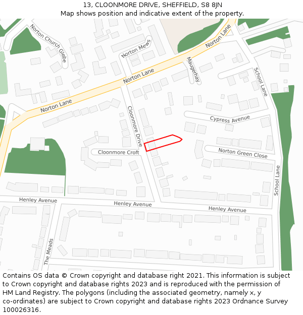 13, CLOONMORE DRIVE, SHEFFIELD, S8 8JN: Location map and indicative extent of plot