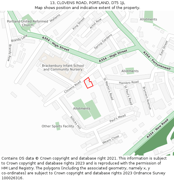 13, CLOVENS ROAD, PORTLAND, DT5 1JL: Location map and indicative extent of plot