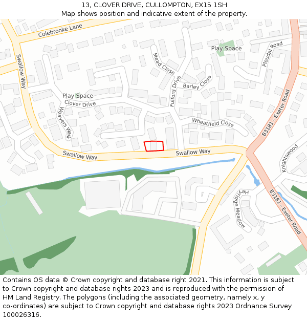 13, CLOVER DRIVE, CULLOMPTON, EX15 1SH: Location map and indicative extent of plot