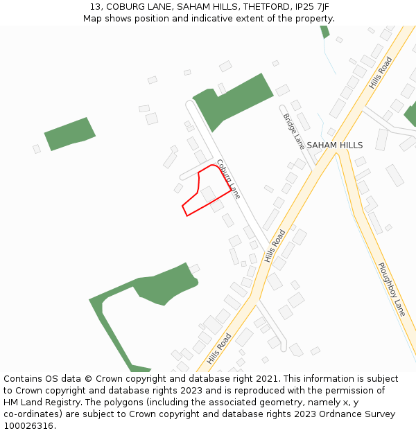 13, COBURG LANE, SAHAM HILLS, THETFORD, IP25 7JF: Location map and indicative extent of plot