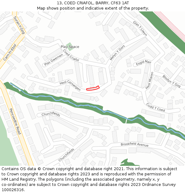 13, COED CRIAFOL, BARRY, CF63 1AT: Location map and indicative extent of plot