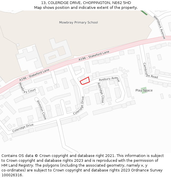 13, COLERIDGE DRIVE, CHOPPINGTON, NE62 5HD: Location map and indicative extent of plot