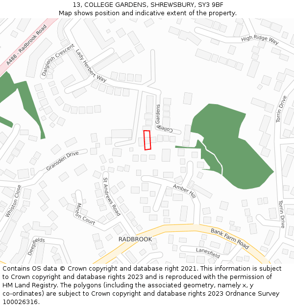 13, COLLEGE GARDENS, SHREWSBURY, SY3 9BF: Location map and indicative extent of plot