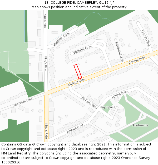 13, COLLEGE RIDE, CAMBERLEY, GU15 4JP: Location map and indicative extent of plot