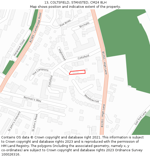 13, COLTSFIELD, STANSTED, CM24 8LH: Location map and indicative extent of plot